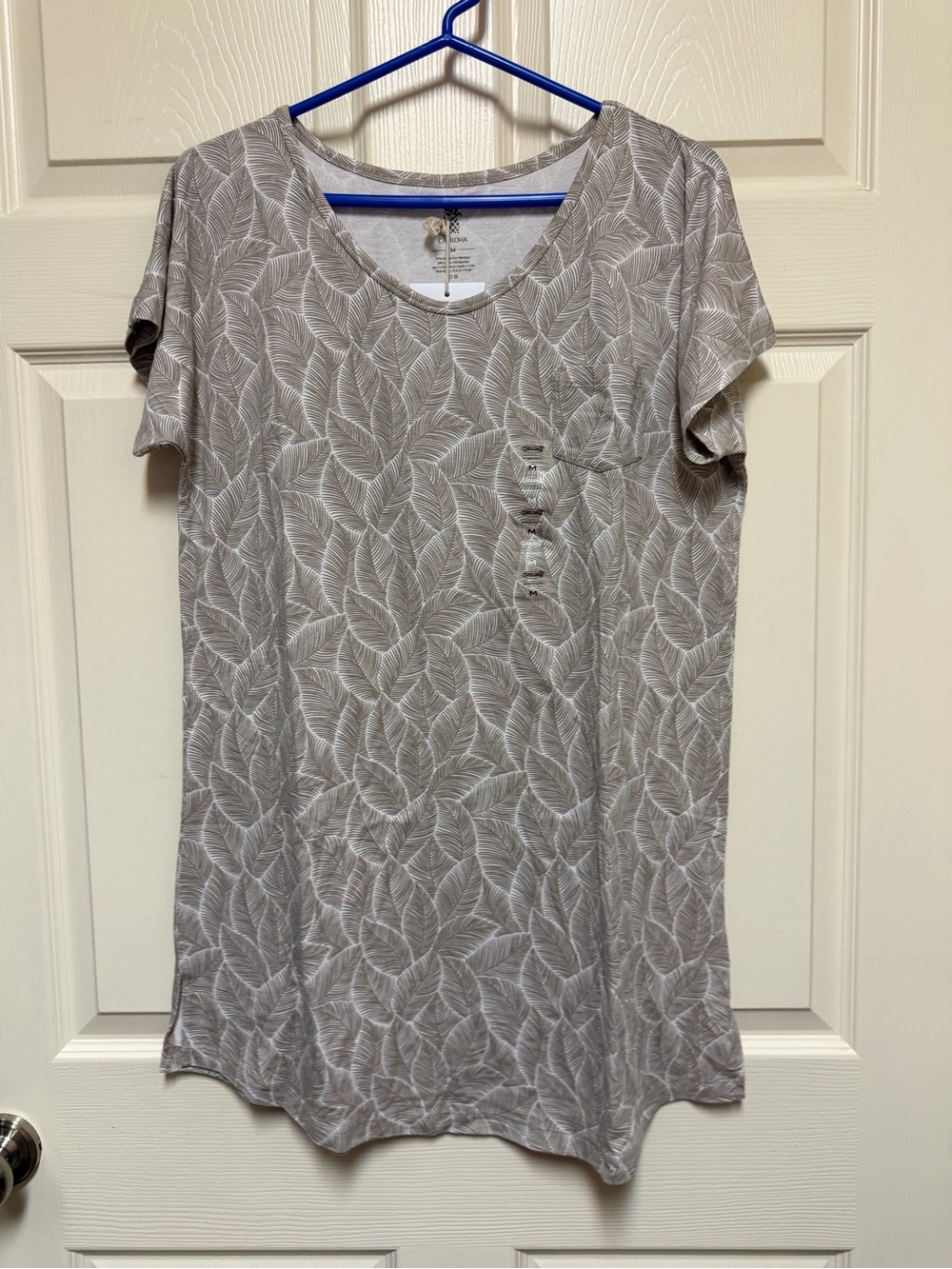 Neutral Leaf Print Short Sleeve Long Sleep Shirt